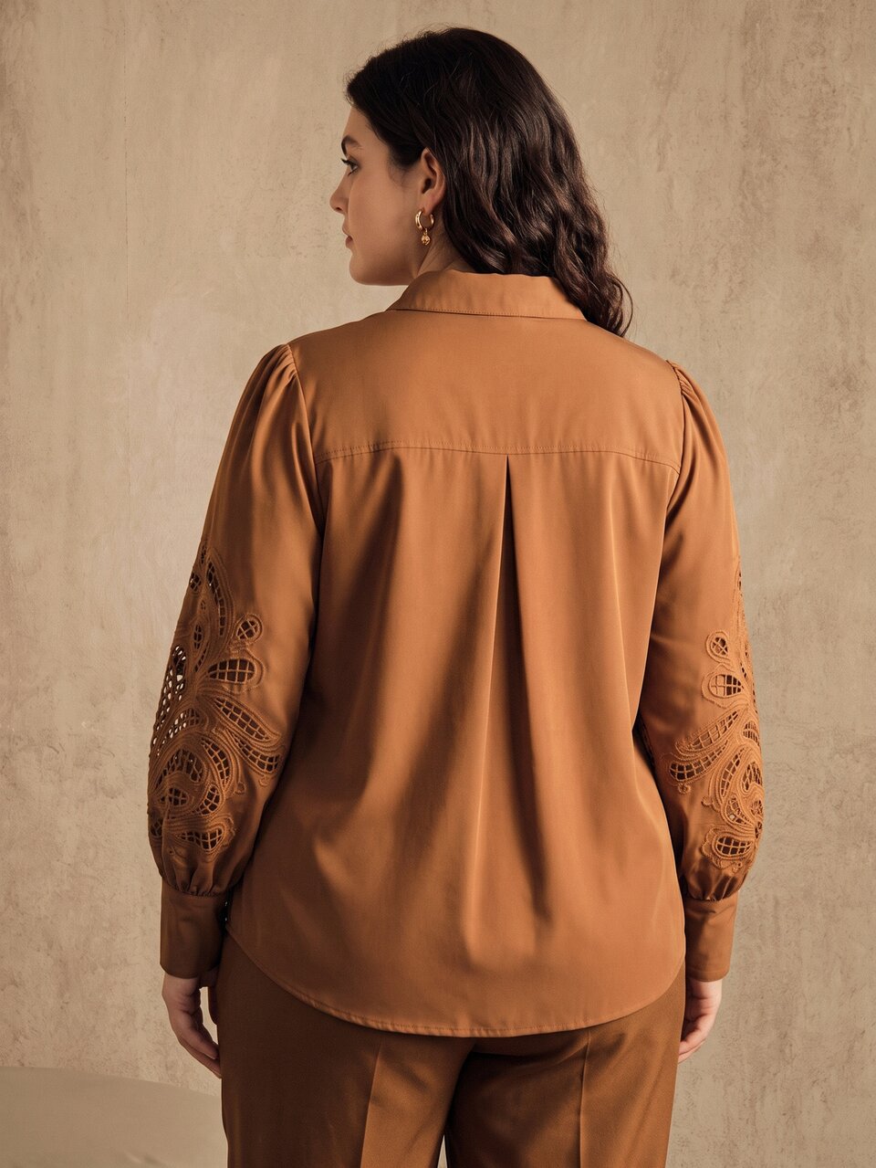 Anewsta Autumn/Winter New Elegant Halloween Christmas Heavy Craft Hollow-Out Applique Embroidery Solid Color Long Sleeve Loose Plus Size Women's Blouse