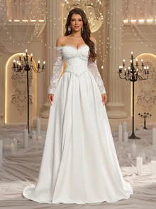 Glamrae Elegant Luxury Embroidered Faux Pearl Decorated Off-Shoulder Dress For Ball, Wedding - White - View 1