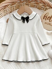 Babygirl Cute Preppy Style Knitted White Bow Collar Doll Dress - White - View 5