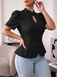 Hourglow Plus Size Women's Black Blouse, Stand Collar Keyhole Neck Short Puff Sleeve Waist-Defining Peplum Top - Black - View 3