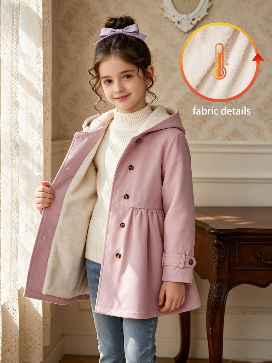 Tween Girl Pink Double-Breasted Hooded Thermal-Lined Jacket, Mid-Waist Ruched A-Line Long Sleeve, Suitable For Daily Casual And Vacation Wear - Baby Pink - View 1