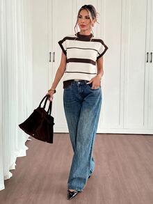 Siren Gaze Women's Striped Batwing Short Sleeve Casual Knit Top - Apricot - View 7