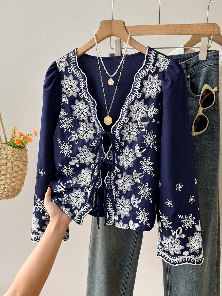 Muvela 女款花卉刺繡圖案休閒日常穿著襯衫 - 藏蓝色 - 查看 1