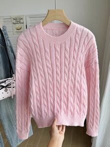SHEIN 青少年女孩白色粗針編織繩紋V領長袖毛衣，適合搭配外套、牛仔褲、裙子 - 粉色 - 查看 4
