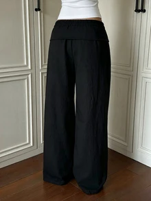 SHEIN EZwear 女款素色寬鬆休閒長褲，適合日常穿著 - 黑色 - 查看 5