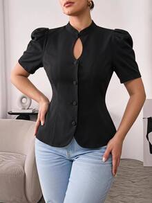 Hourglow Plus Size Women's Black Blouse, Stand Collar Keyhole Neck Short Puff Sleeve Waist-Defining Peplum Top - Black - View 7