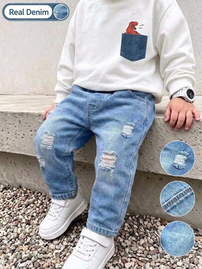 2 piezas/Set Sudadera de cuello redondo con estampado de dinosaurio y bolsillo para niños + Joggers de mezclilla desgastada y rasgada, Top de manga larga tipo pullover + Jeans de cintura elástica, Conjunto casual de dos piezas para niños para otoño/invierno