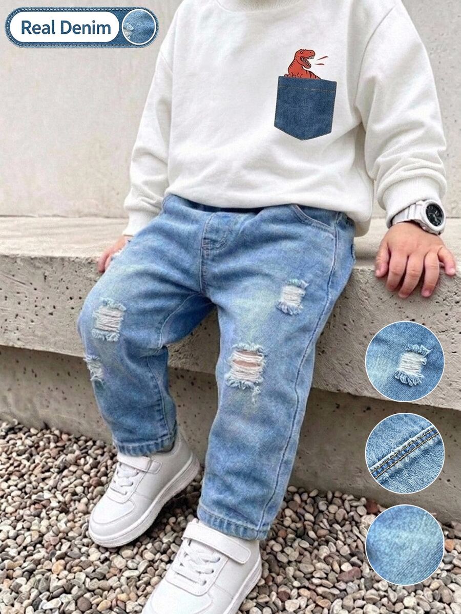 2件組男童恐龍貼布口袋印花圓領衛衣 + 破洞磨損牛仔慢跑褲,長袖套頭上衣 + 鬆緊腰牛仔褲,休閒兒童兩件套,適合秋冬 - 彩色 - 查看 1