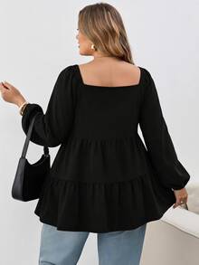 SHEIN CURVE+ Plus Size Square Neck Loose Ruffle Long Sleeve Blouse, Autumn Shirt Top, Suitable For Apple-Shaped And Curvy Body Types 5XL-8XL Fall - Black - View 3