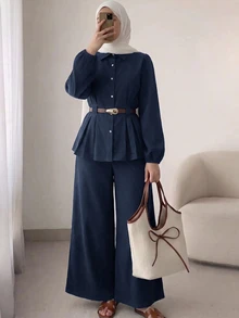 Solavon Women's Button-Up Pleated Long Sleeve Shirt And Loose Long Pants 2 Pieces Set - Navy Blue - View 1