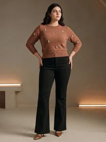 Anewsta Women's Elegant Round Neck Lightweight Luxury Rhinestone Decor 3/4 Sleeve Plain Knit Plus Size Top - Camel - View 6