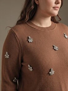 Anewsta Women's Elegant Round Neck Lightweight Luxury Rhinestone Decor 3/4 Sleeve Plain Knit Plus Size Top - Camel - View 2