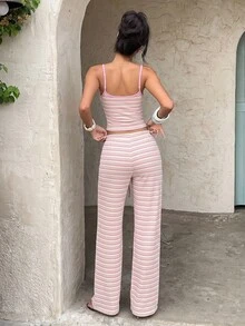 Aloruh 女款休閒居家服條紋細肩帶背心與長褲套裝 - 淺粉色 - 查看 2