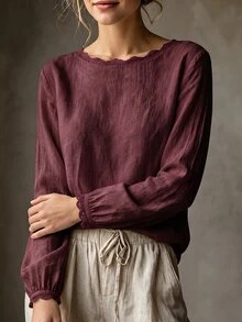 SHEIN Blus Wanita Kasual Elegan Warna Krem Muda Leher Bulat dengan Hiasan Renda Minimalis Serbaguna untuk Perjalanan Sehari-hari - Burgundy - View 4
