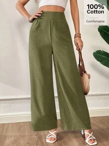 Siren Gaze Women's Solid Color Shirred Waist Wide Leg Loose Long Pants - Army Green - View 3