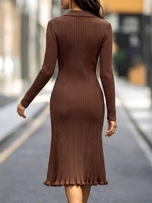 SHEIN Autumn/Winter Fashion Vintage V-Neck Faux Pocket Knit Sweater Dress - Coffee Brown - View 3