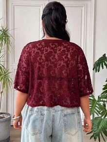 SHEIN EZwear 大尺碼女款蕾絲時尚優雅 T-shirt 約會穿搭 - 酒紅色 - 查看 2