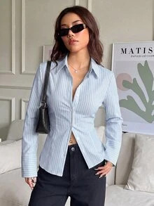 SHEIN EZwear 女款休閒修身長袖襯衫，前襟鈕扣設計，後腰收腰，適合秋冬穿著 - 淺藍色 - 查看 5