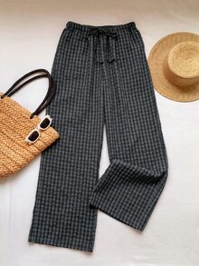 SHEIN EZwear 大尺碼女款春夏格紋抽繩腰口袋長褲 - 黑色 - 查看 12