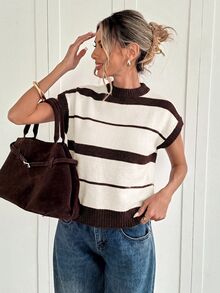 Siren Gaze Women's Striped Batwing Short Sleeve Casual Knit Top - Apricot - View 4