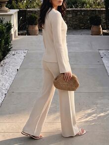 Pariaura Casual V-Neck Long Sleeve Sweater With Frog Button +Straight Leg Pants,Beige  Women Autumn Set, Fall Winter 2026,Going Out Tops,Women Classy Tops - Apricot - View 5
