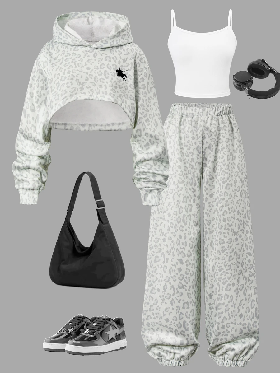 Girls 3pcs Polyester Hooded Long Sleeve Pocket Embroidery Applique Long Loose Fit K-Pop Set Fall/Winter Gray - Grey - View 1