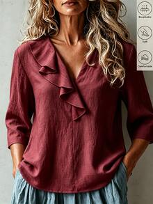 Trelyra Blus Wanita Minimalis dengan Hiasan Rumbai - Burgundy - View 5