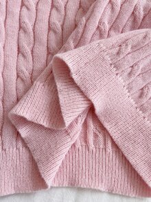 SHEIN 青少年女孩白色粗針編織繩紋V領長袖毛衣，適合搭配外套、牛仔褲、裙子 - 粉色 - 查看 7