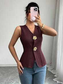 Elenzga Women's V-Neck Fitted Tank Top With Gold Rose Button Decoration On Front - Burgundy - View 8