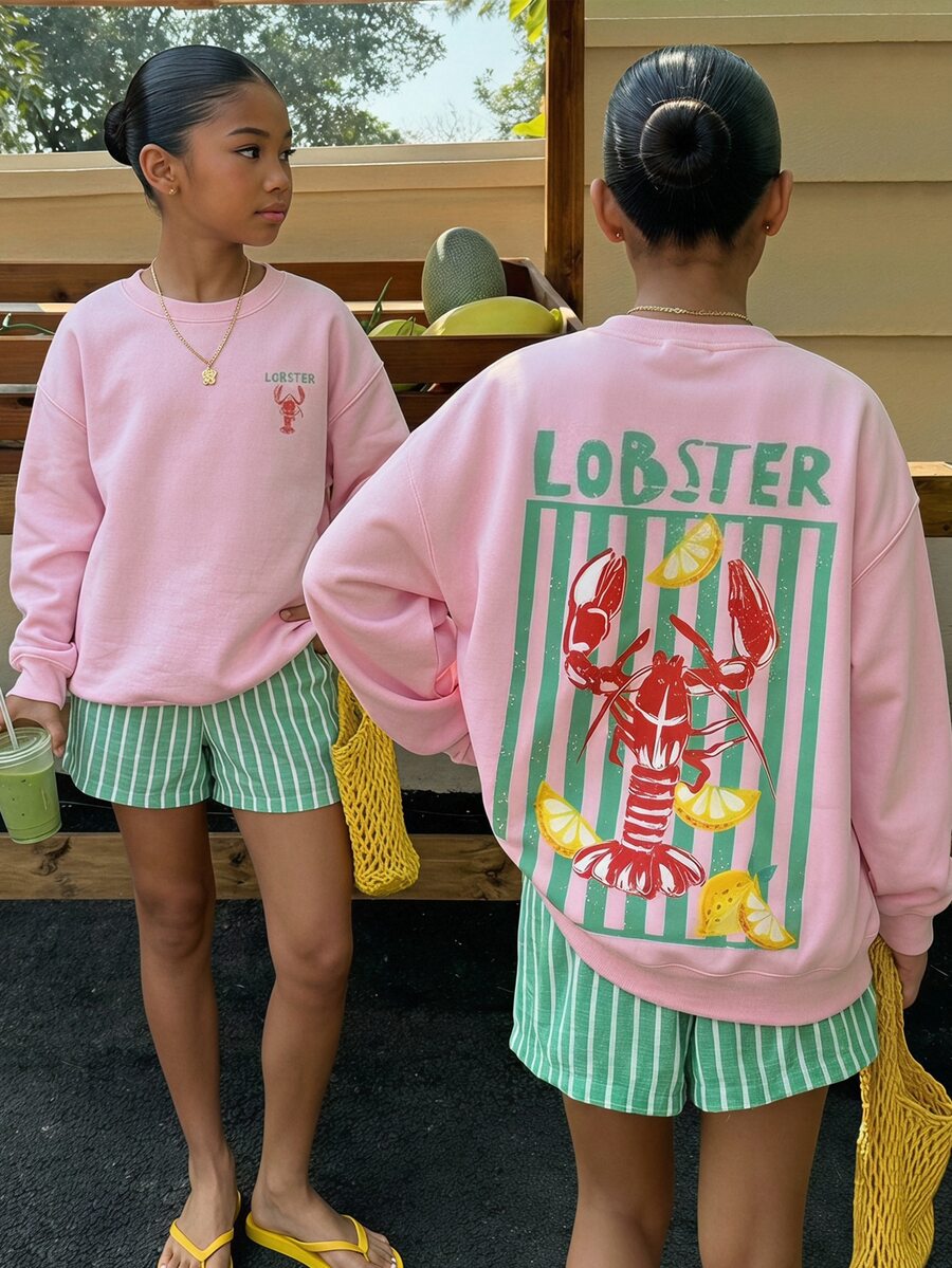 SHEIN 青少年女孩字母與龍蝦印花圓領落肩長袖休閒衛衣 - 粉色 - 查看 1