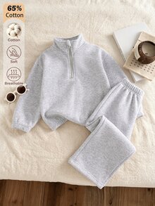 SHEIN 2件組少女針織半拉鍊衛衣上衣 單面刷毛 休閒經典百搭淺灰色 - 淺灰色 - 查看 2