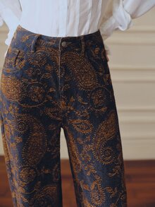 Anewsta Women's New Fashion Casual Flocked Jacquard Coffee Brown Jeans Straight Leg Pants - Coffee Brown - View 1