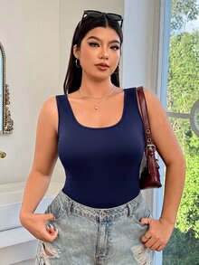 SHEIN EZwear Plus Size Fitted Solid Color Minimalist Versatile Tank Top For Daily Wear - Navy Blue - View 3