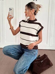 Siren Gaze Women's Striped Batwing Short Sleeve Casual Knit Top - Apricot - View 5