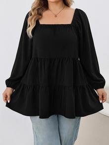 SHEIN CURVE+ Plus Size Square Neck Loose Ruffle Long Sleeve Blouse, Autumn Shirt Top, Suitable For Apple-Shaped And Curvy Body Types 5XL-8XL Fall - Black - View 4