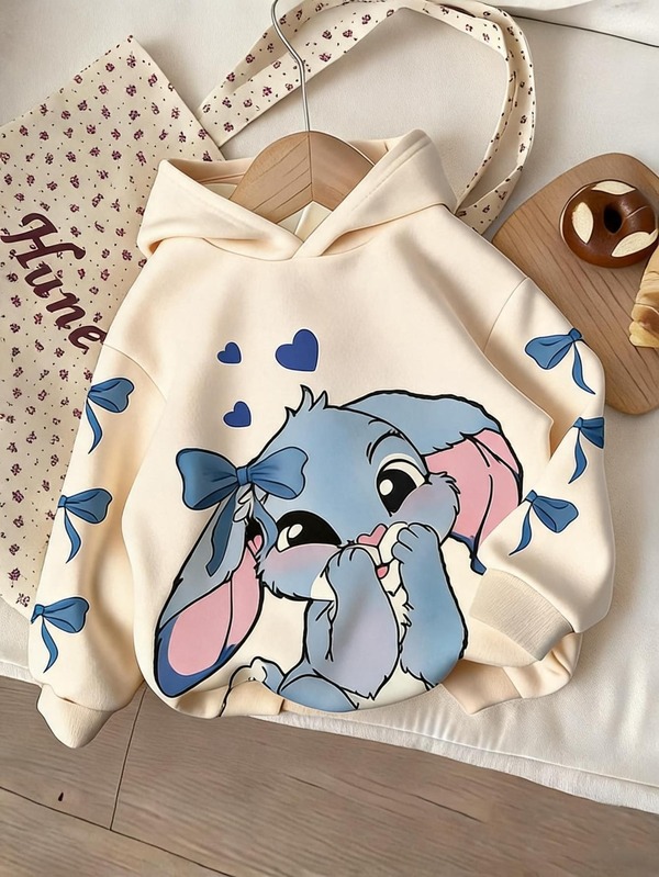 1pc Young Girls Casual Fashion Sweet Cute Cartoon Rabbit Bow Print Apricot Hooded Sweatshirt, Suitable For Autumn/Winter Wear, Cozy Fall & Winter Styles Long Sleeve Tops