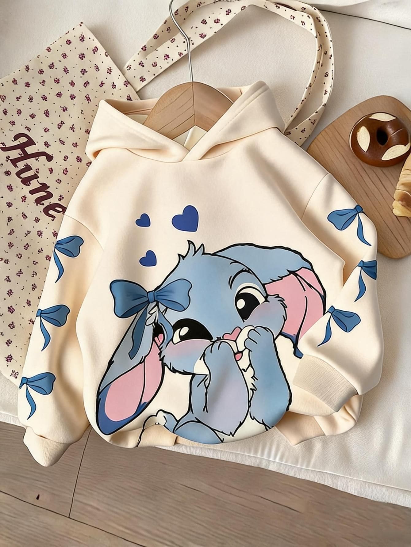 1pc Young Girls Casual Fashion Sweet Cute Cartoon Rabbit Bow Print Apricot Hooded Sweatshirt, Suitable For Autumn/Winter Wear, Cozy Fall & Winter Styles Long Sleeve Tops - Multicolor - View 1