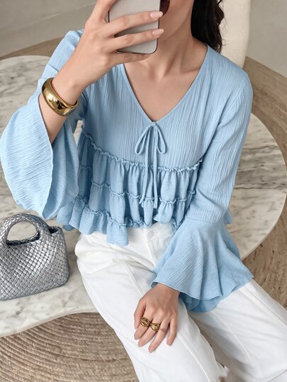 Rue Lumi Women's Textured Pleated Tie-Front Casual Everyday Shirt