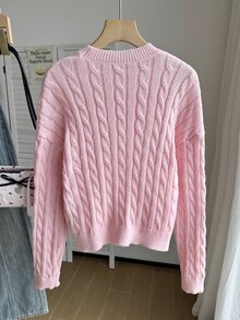 SHEIN 青少年女孩白色粗針編織繩紋V領長袖毛衣，適合搭配外套、牛仔褲、裙子 - 粉色 - 查看 2