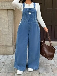 Rivivi Plus Size Loose Wide Leg Denim Jumpsuit With Pocket - Blue - View 5