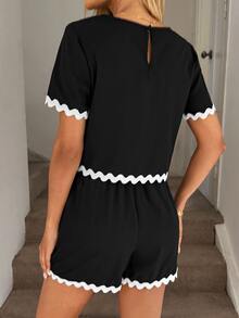 Easowa Casual Vacation Elegant Set Round Neck Short Sleeve Cropped Shirt And A-Line Shorts With Diagonal Pockets, Contrast Wave Trim, 100% Cotton - Black - View 2