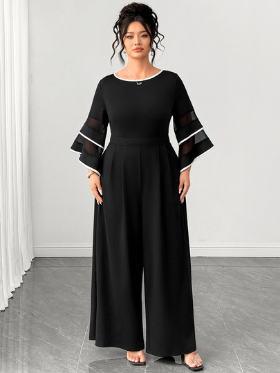 Elenzga Women's Plus Size Black Contrast Trim Mesh Waist-Cinched Jumpsuit, Spring/Summer/Autumn, Elegant Casual Daily Home Office Vacation Romantic Party Wear