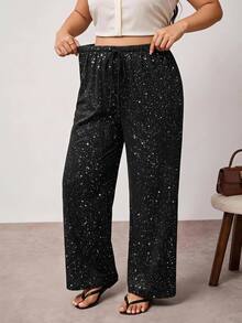 Hourglow Plus Size Drawstring Waist Sequin Fashion Straight Leg Loose Fit Long Pants - Black - View 5