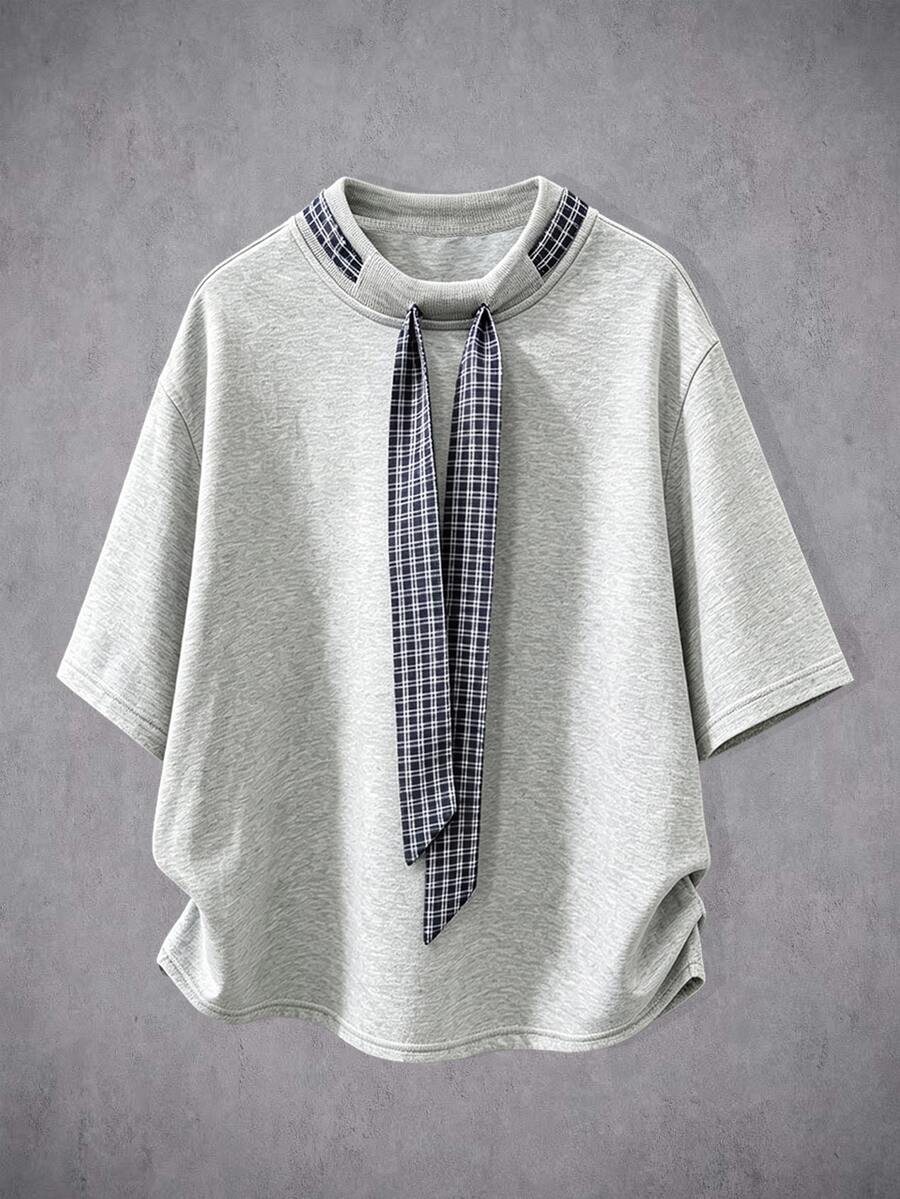 Manfinity Denimwave Kaos Fashion Pria Motif Kotak-kotak Gaya Korea dengan Tali Serut - Grey - View 1