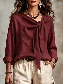 Everyssa 女款不對稱領口綁帶蝴蝶結休閒長袖襯衫，春秋通勤奶奶風襯衫 - 酒紅色 - 查看 1