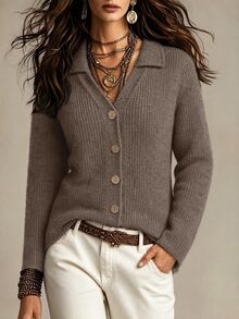 SHEIN Women Polo Neck ButtonDown Heather Knit Cardigan, Versatile Long Sleeve Fall Winter Casual Commuter Coffee Brown Sweater Top - Mocha Brown - View 7