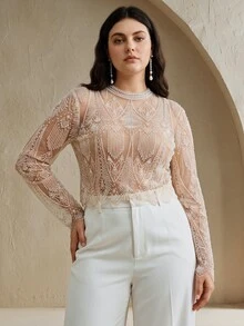 Anewsta Atasan Lengan Panjang Wanita Elegan Warna Beige dengan Bordir dan Manik-manik untuk Musim Gugur/Dingin, Blus Modis Ukuran Besar untuk Tamu Pernikahan, Pesta Koktail, Makan Malam, dan Acara Malam Hari - Aprikot - View 3