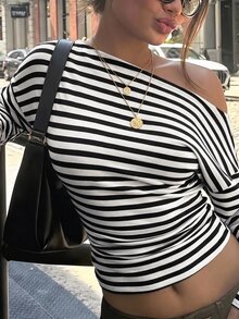 SHEIN EZwear 女款條紋長袖休閒針織露肩修身T恤 - 黑與白 - 查看 9