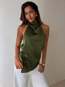 Aloruh Women's Solid Color Casual Versatile Daily Wear Halter Neck Top - Army Green - View 4