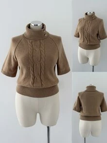 Sunspun Sweater Rajut Wanita Ukuran Besar Lengan Pendek Kerah Tinggi - Unta - View 8